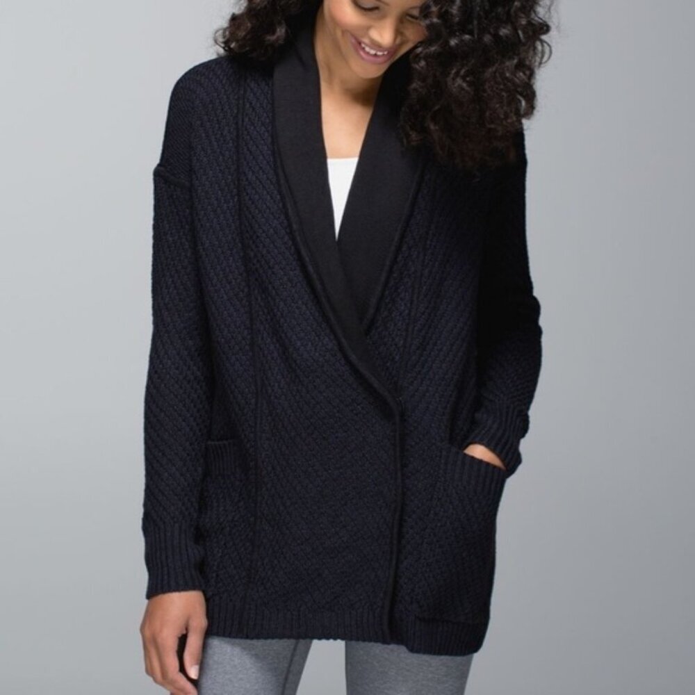 Lululemon Post Practice Cardigan Knit Sweater Pockets Snap Oversized Top Black S